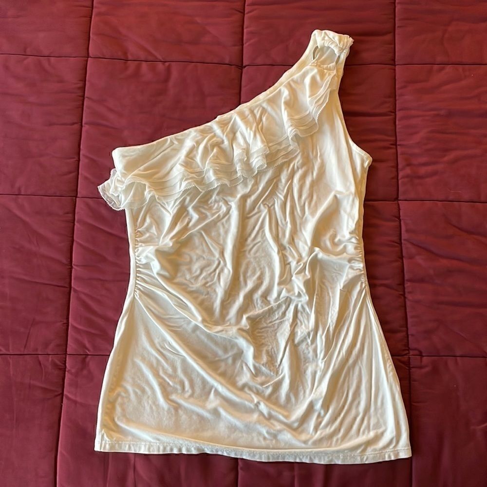 One Shoulder Ruffle Jersey Top with Silver Loop Detail